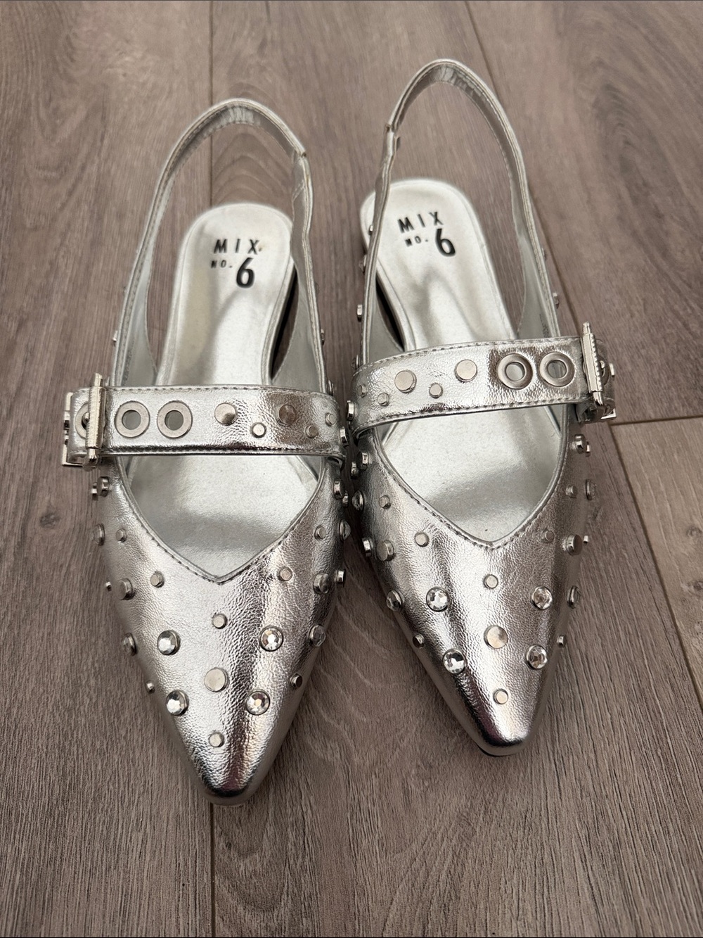 Mix No. 6 Metallic Silver Studded Pointed Slingback Flats